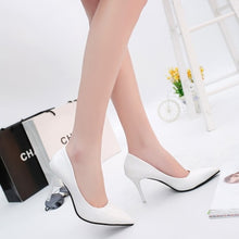 Load image into Gallery viewer, New 10cm nude color pointed high heels stiletto shallow mouth sexy black patent leather work shoes women's shoes