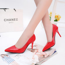 Load image into Gallery viewer, New 10cm nude color pointed high heels stiletto shallow mouth sexy black patent leather work shoes women's shoes