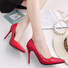 Load image into Gallery viewer, New 10cm nude color pointed high heels stiletto shallow mouth sexy black patent leather work shoes women's shoes