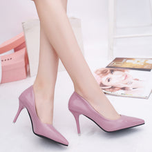 Load image into Gallery viewer, New 10cm nude color pointed high heels stiletto shallow mouth sexy black patent leather work shoes women's shoes