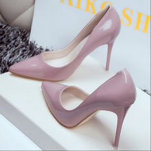 Load image into Gallery viewer, New 10cm nude color pointed high heels stiletto shallow mouth sexy black patent leather work shoes women's shoes